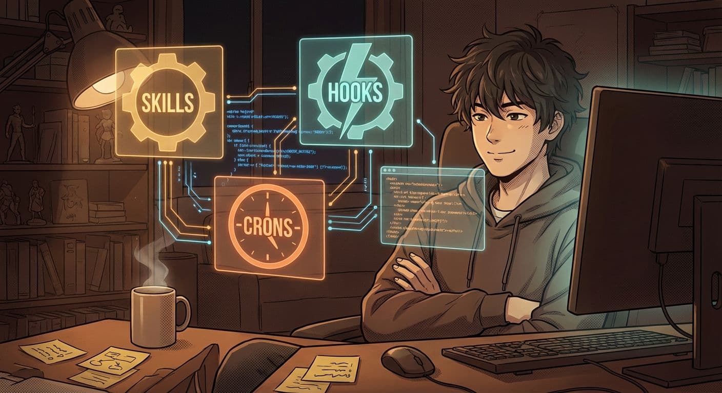 Hooks, Crons, and Skills: The Three Layers That Make Claude Code Do Things Without You